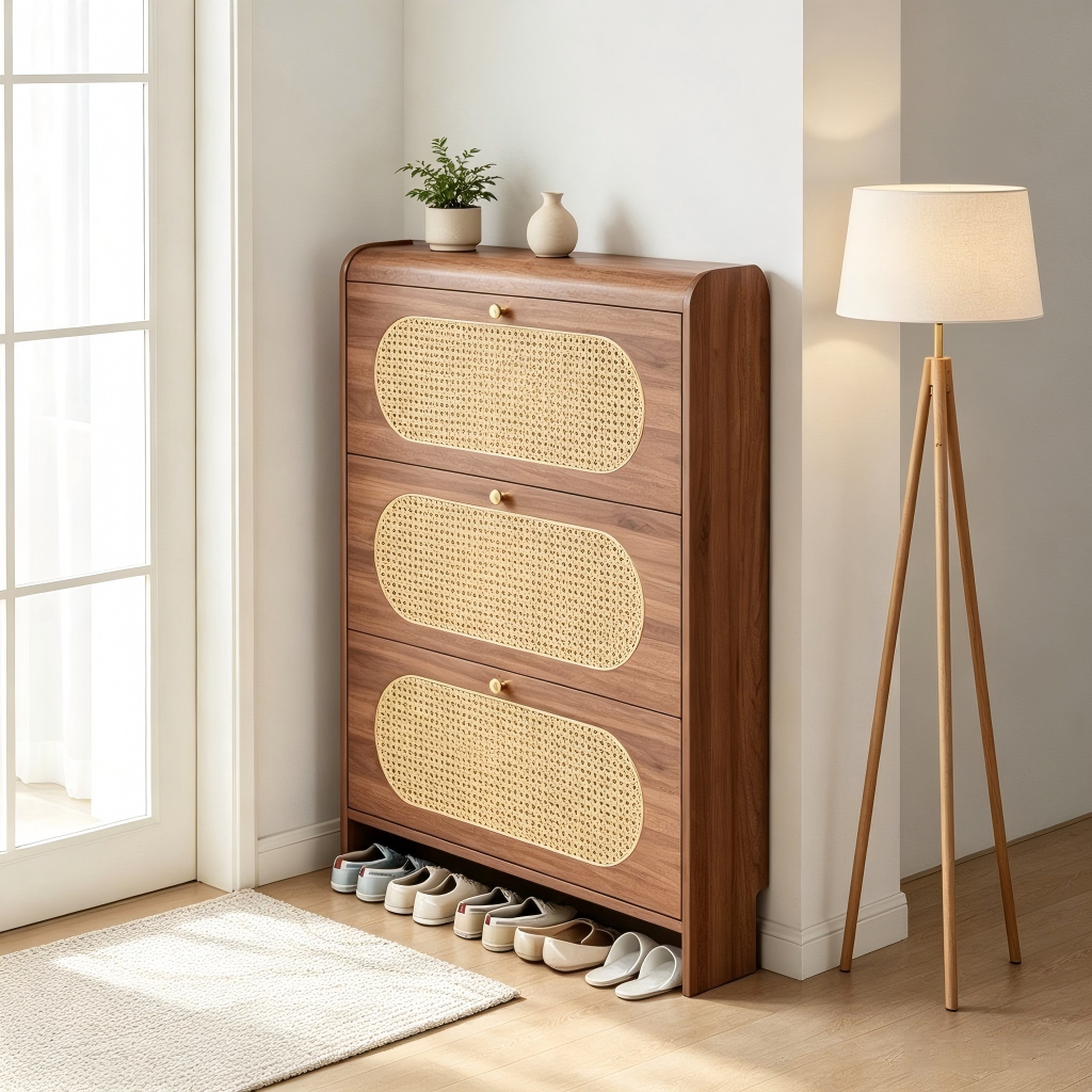 SOCE077 - Mid-Century Rattan Ultra-Thin Shoe Cabinet – Slim Entryway Storage