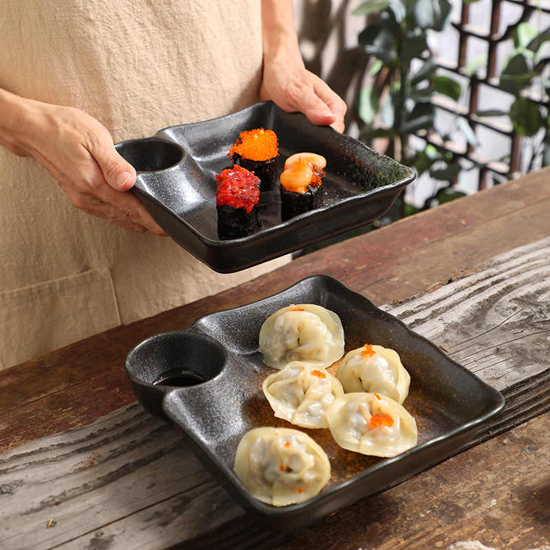 DISH007 - Ceramic Dumpling Plate with Sauce Dish | Partitioned Appetizer Plate image 3