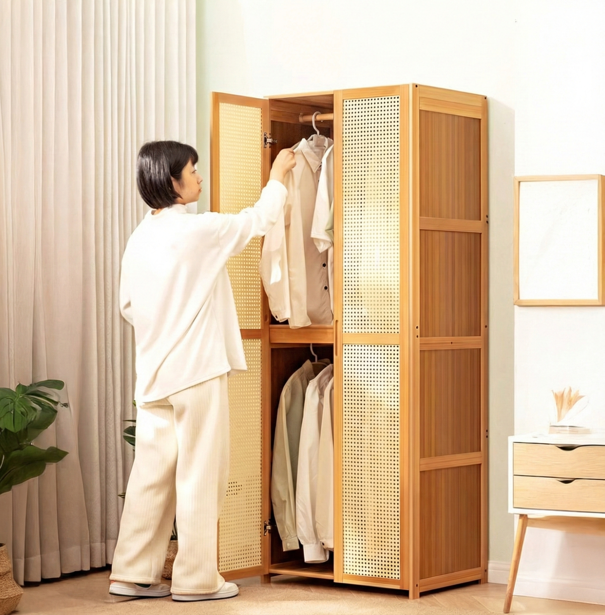 CC055 - Multi-Functional Bamboo Wardrobe – Mesh Door Closet image 1