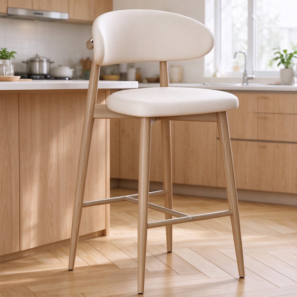 CHZ048 - Japandi Counter Height Bar Stool, Modern Upholstered Kitchen Island Chair with Curved Backrest