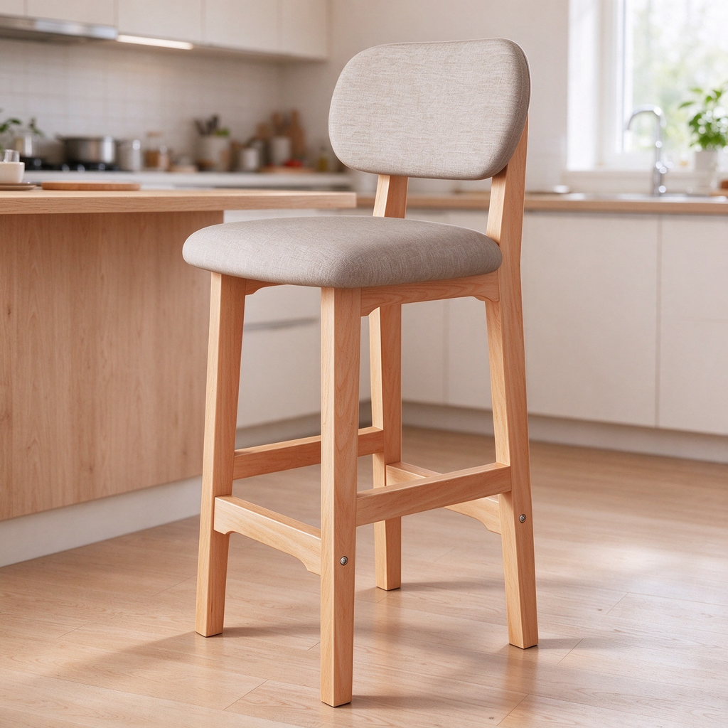 CHZ049 - Modern Wood Bar Stool with Back - Upholstered Linen Counter Height Stool for Kitchen Island & Home Bar