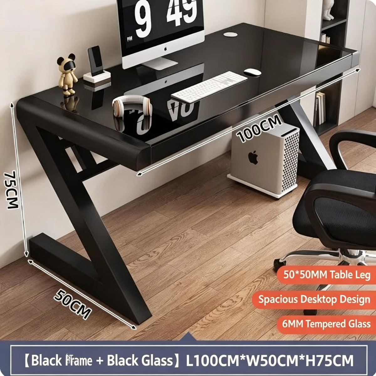 GD013 - Modern Z-Shaped Tempered Glass Computer Desk with Metal Frame