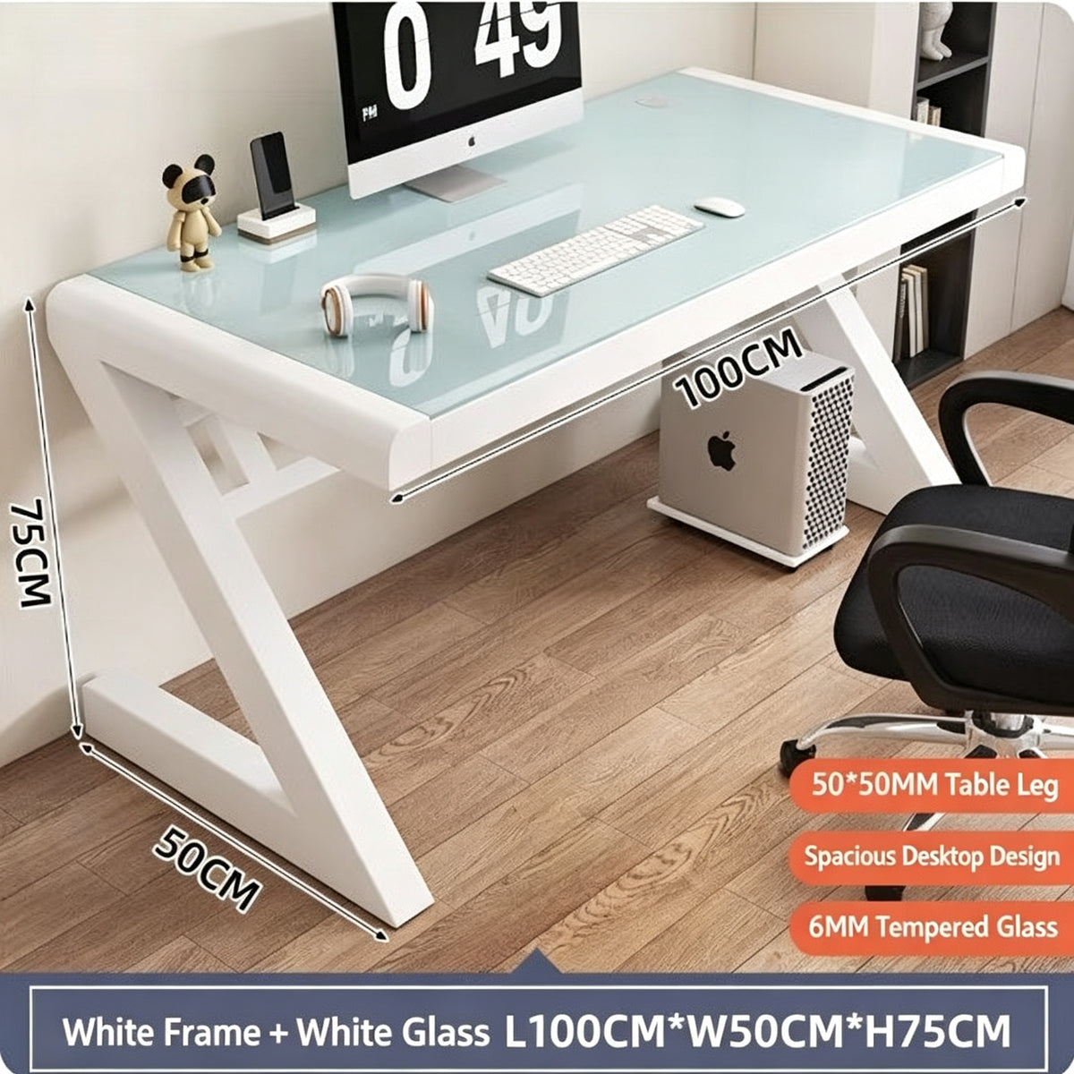 GD013 - Modern Z-Shaped Tempered Glass Computer Desk with Metal Frame