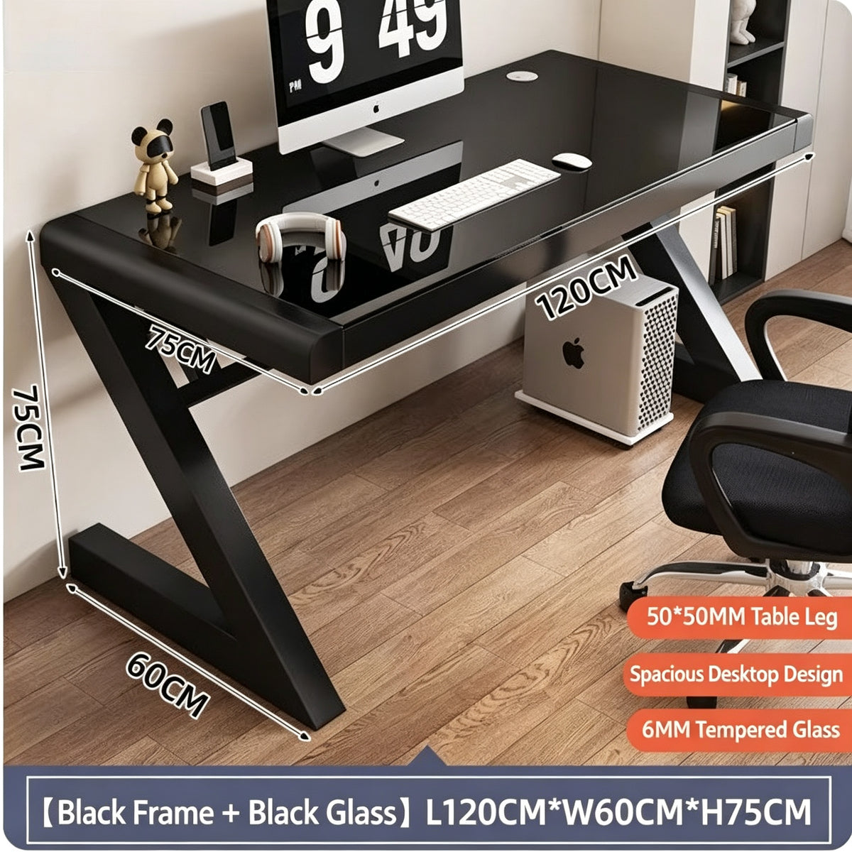 GD013 - Modern Z-Shaped Tempered Glass Computer Desk with Metal Frame
