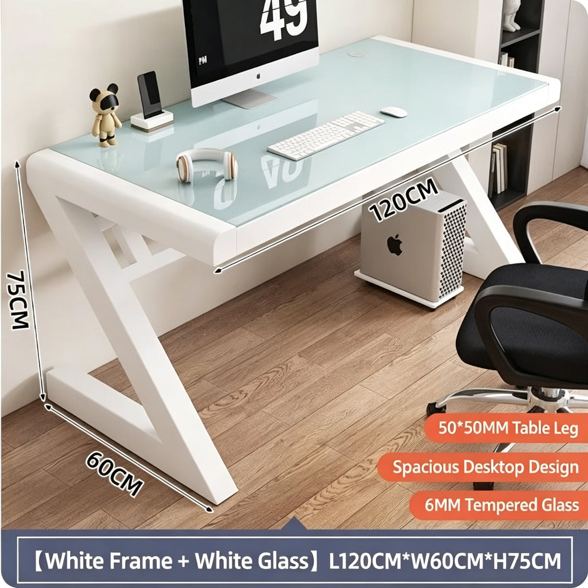 GD013 - Modern Z-Shaped Tempered Glass Computer Desk with Metal Frame