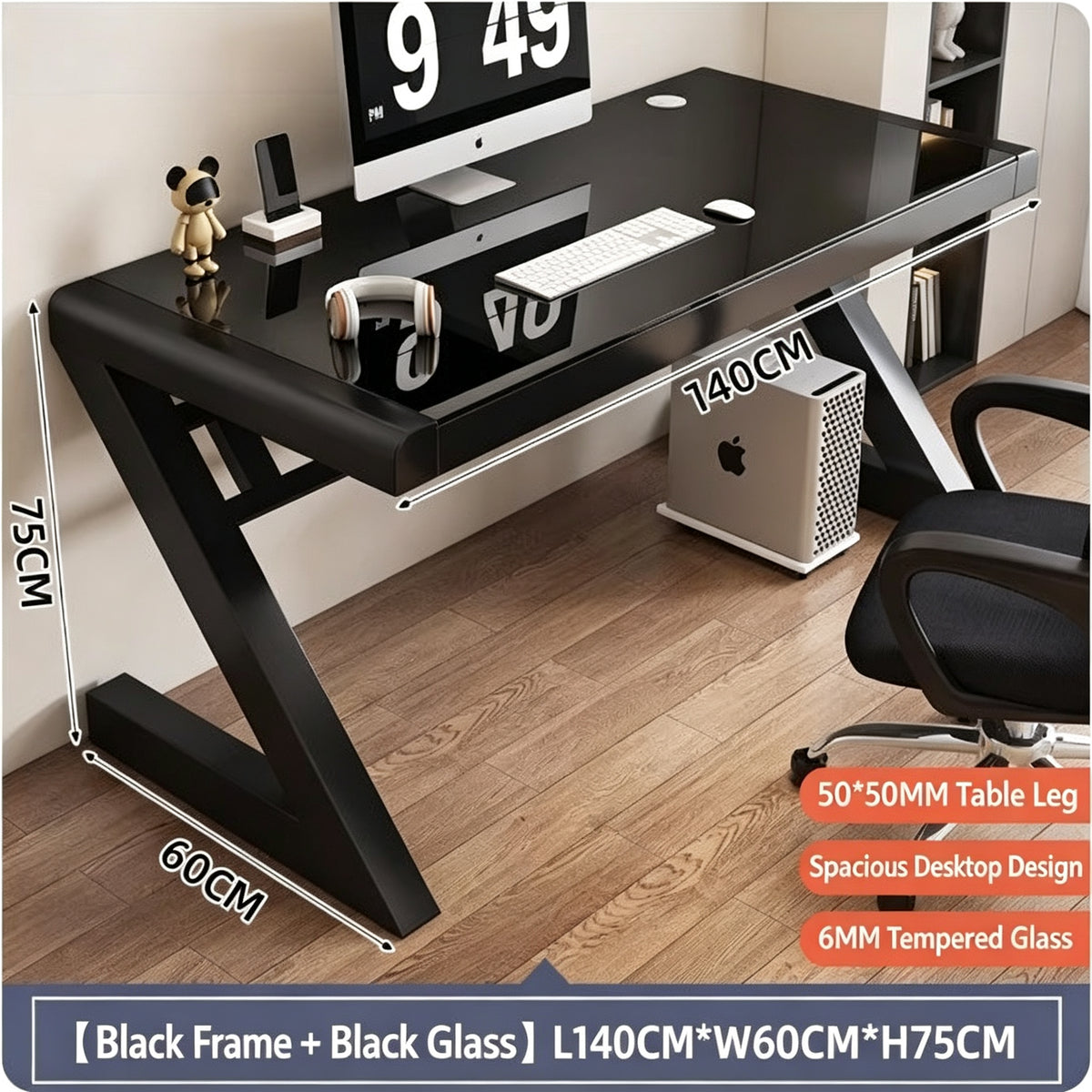 GD013 - Modern Z-Shaped Tempered Glass Computer Desk with Metal Frame