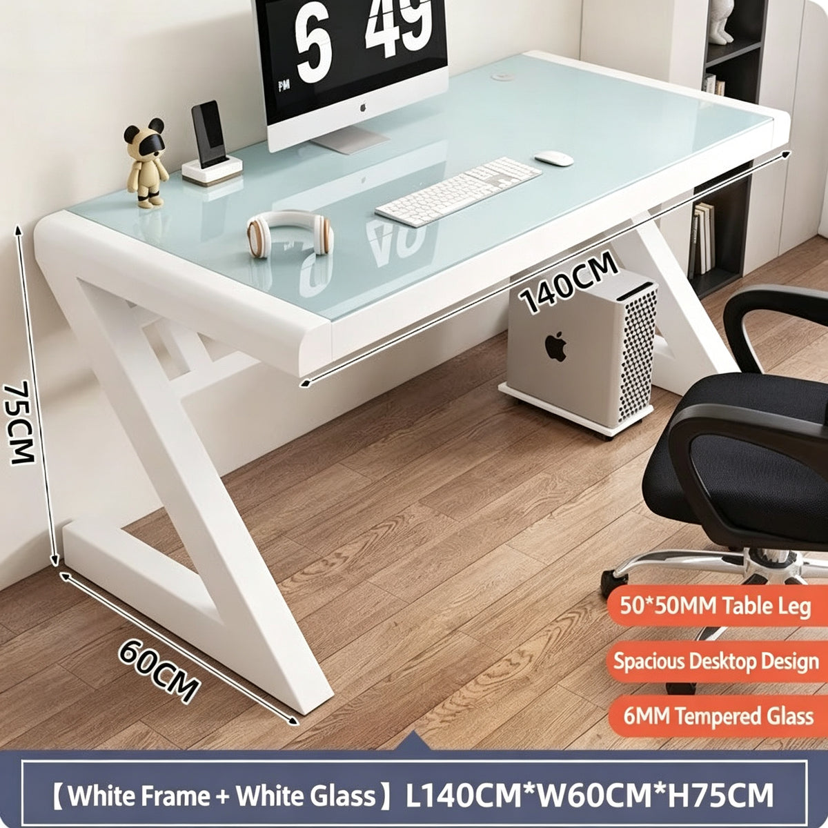 GD013 - Modern Z-Shaped Tempered Glass Computer Desk with Metal Frame