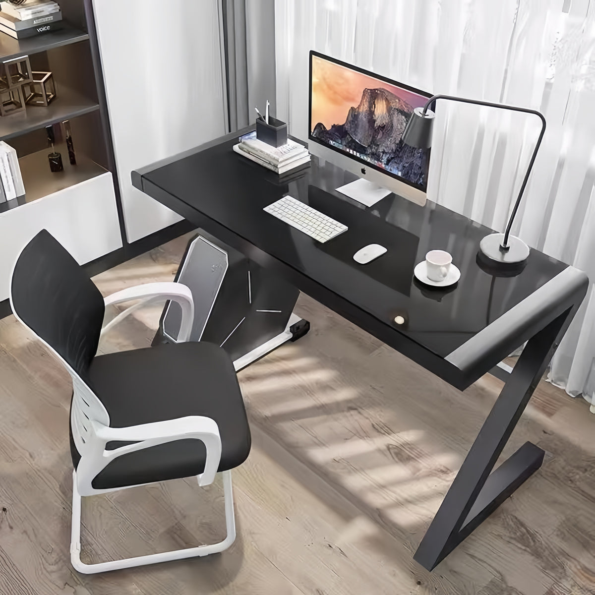 GD013 - Modern Z-Shaped Tempered Glass Computer Desk with Metal Frame