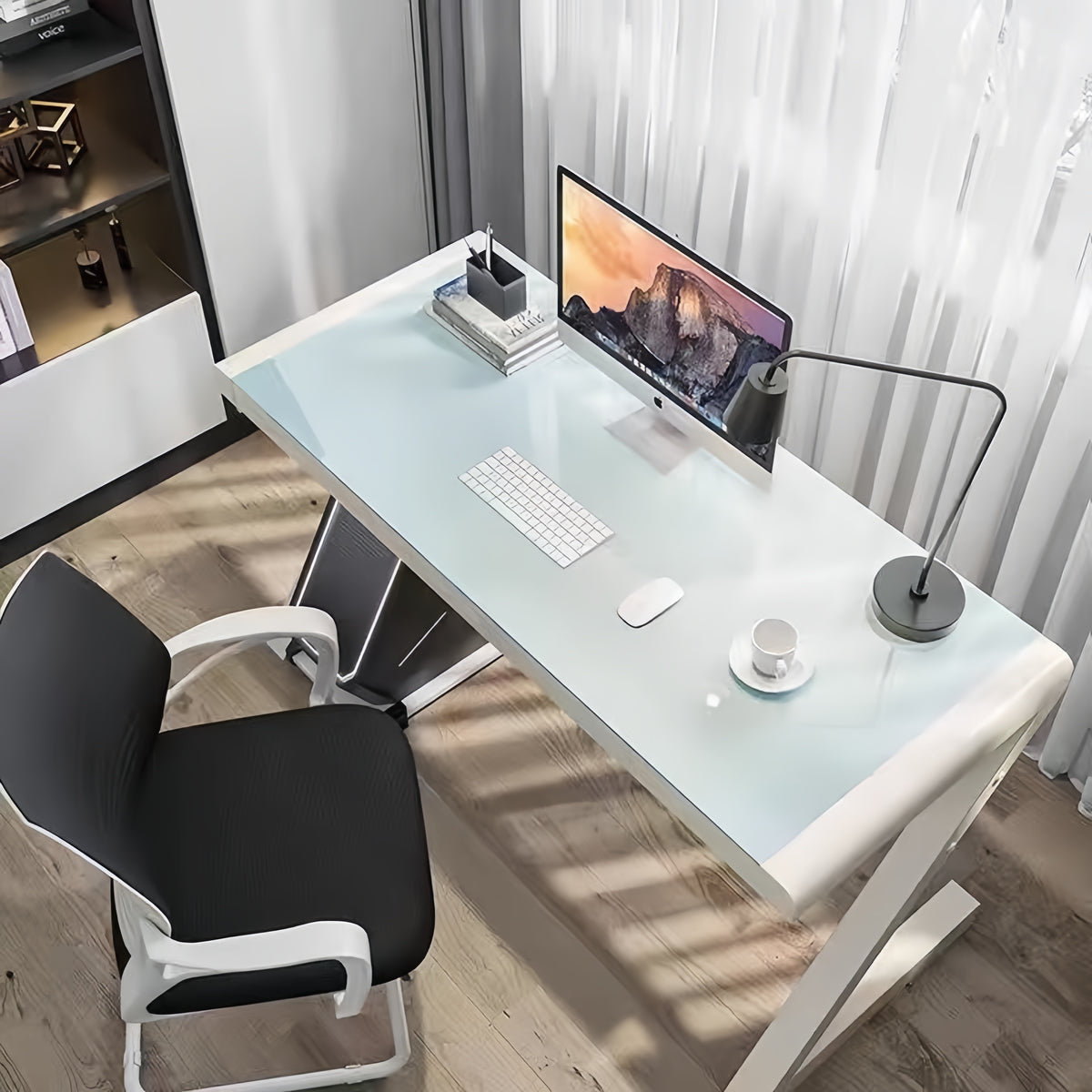 GD013 - Modern Z-Shaped Tempered Glass Computer Desk with Metal Frame