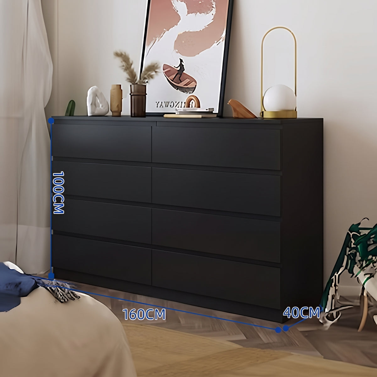 CBD038 - Modern Black Handleless Double Dresser – 6 & 8 Drawer Storage Chest