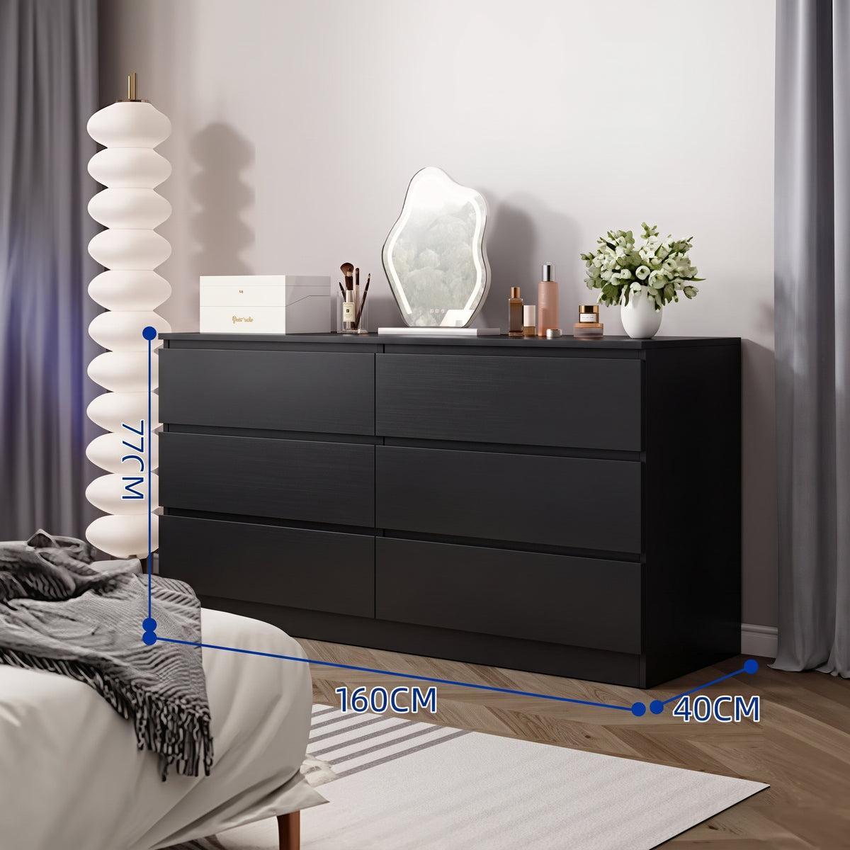 CBD038 - Modern Black Handleless Double Dresser – 6 & 8 Drawer Storage Chest