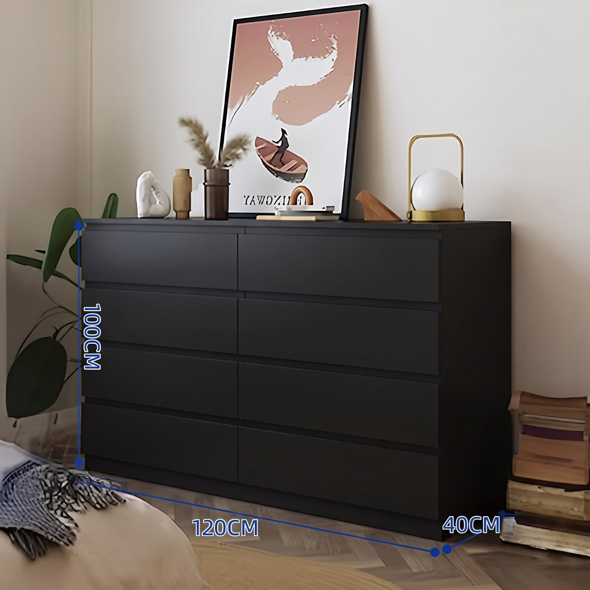 CBD038 - Modern Black Handleless Double Dresser – 6 & 8 Drawer Storage Chest