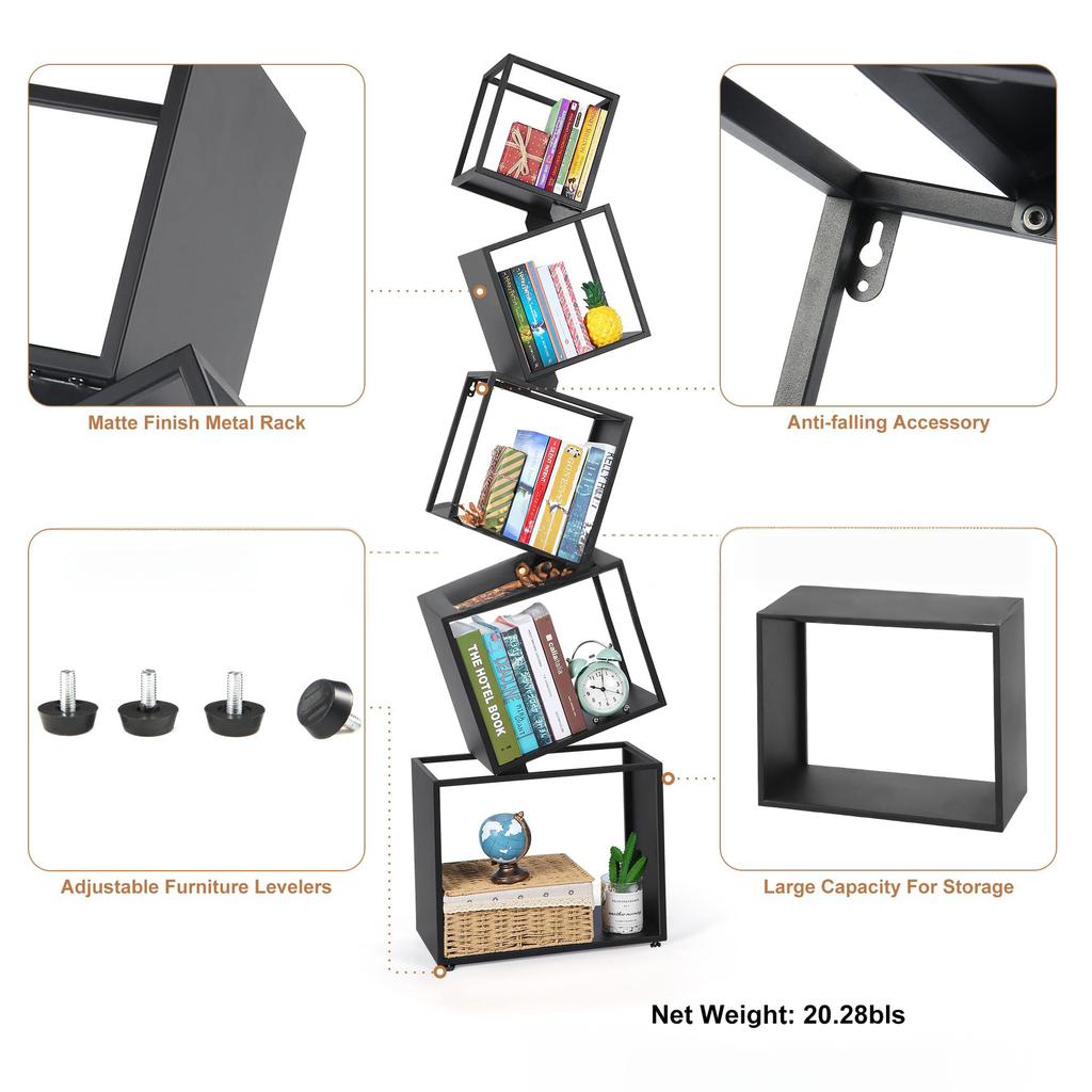 BS024 - Contemporary 5-Tier Black Bookshelf for Home Decor and Storage image 2