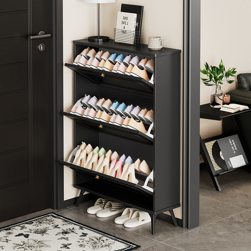 SOCE053 - Slim Black 3 Flip Drawers Wooden Space-Saver Shoe Cabinet image 2