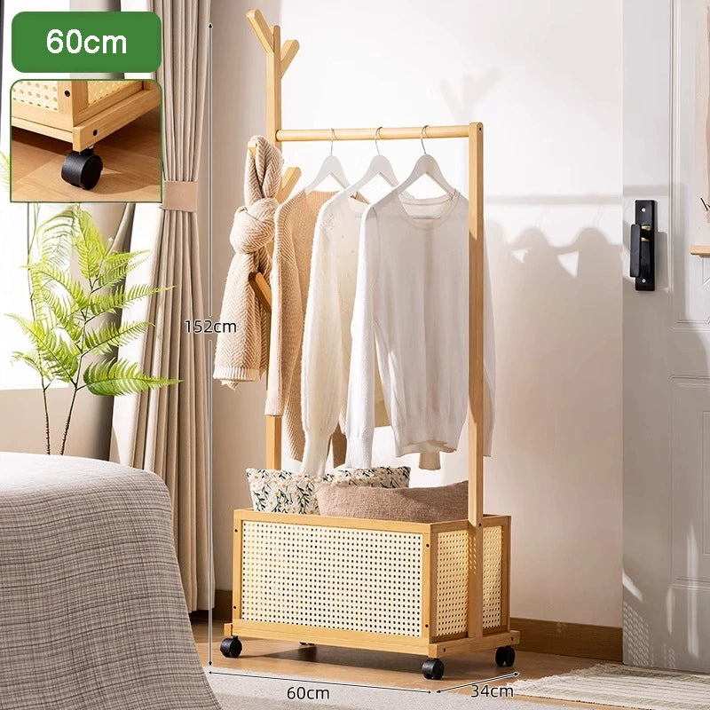 WH016 - Bamboo Rolling Clothes Rack with Mesh Basket – Multi-Functional Storage image 1