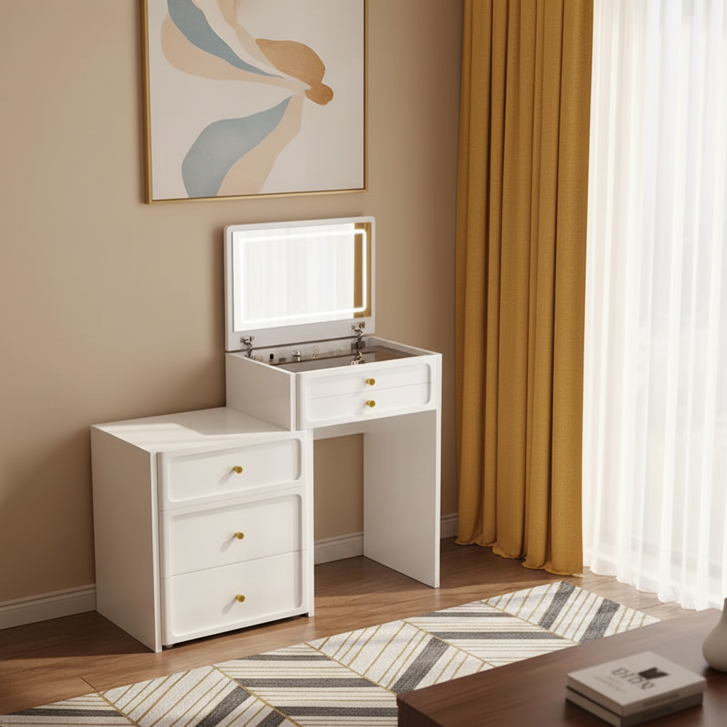 DR024 - Modern White Vanity Desk with Flip-Top LED Mirror & Storage Cabinet image 4