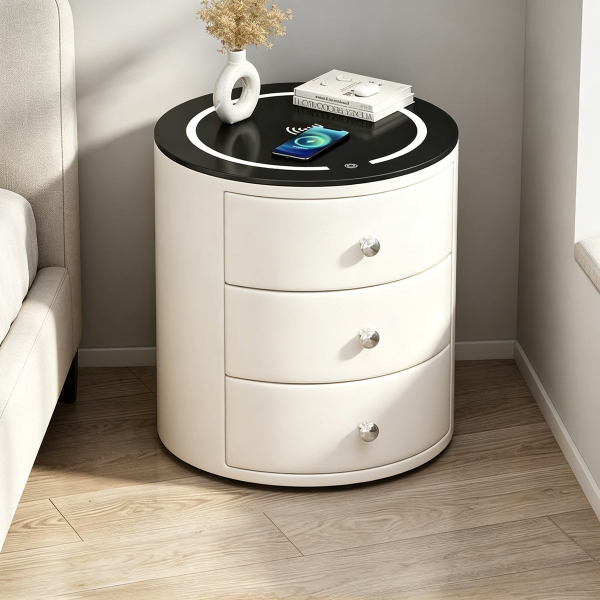 CBD036 - Round Smart Nightstand | Touch LED Light & Wireless Charging Panel image 6