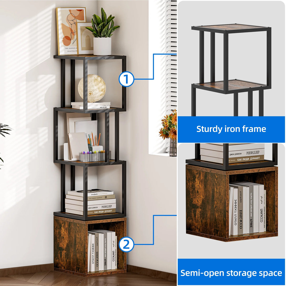 BS049 - 4-Tier 360° Rotating Bookshelf – Slim Floor Standing Display Shelf image 4