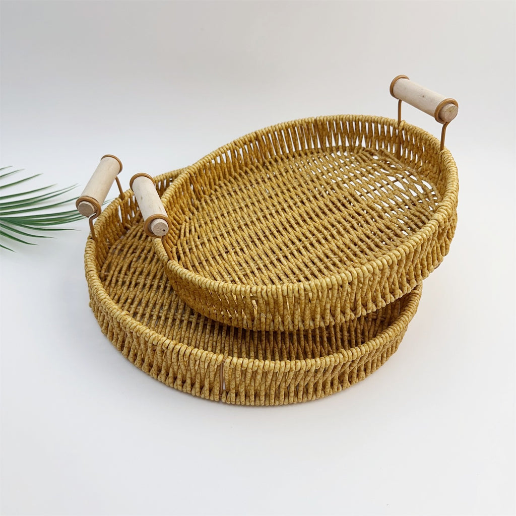 BAS012 - Round Rattan-Style Serving Tray with Handles image 3