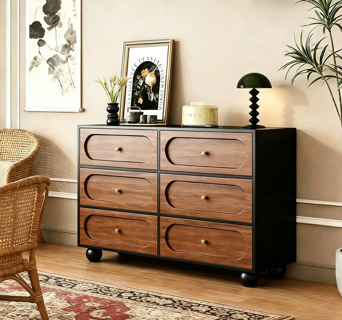 CBD033 - Mid-Century Modern 6-Drawer Dresser, Black & Walnut Chest image 1