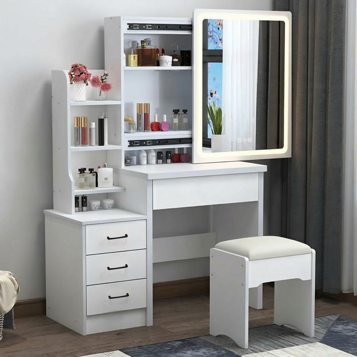 DR022 - White Dressing Table & Stool – LED/Regular Mirror image 1