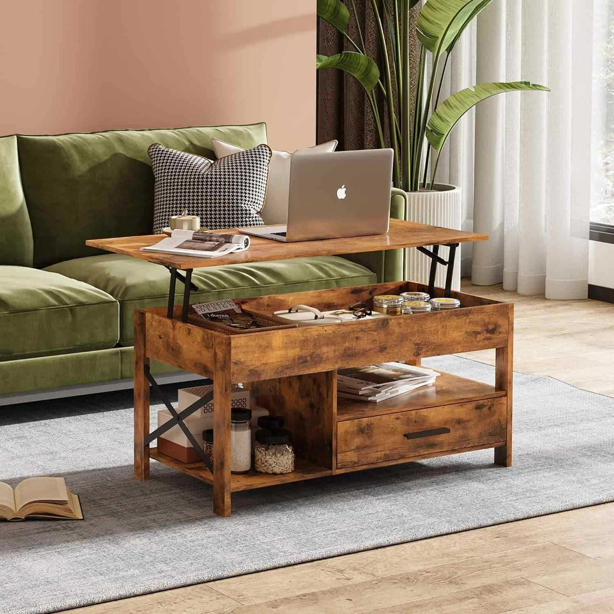 EDB049 - Lift-Top Coffee Table with Storage – Hidden Compartment & Metal Frame image 0