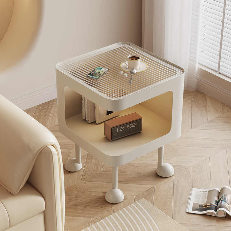 CBD032 - Creative Glass Top Side Table with Sensor Light and Storage Shelf image 0