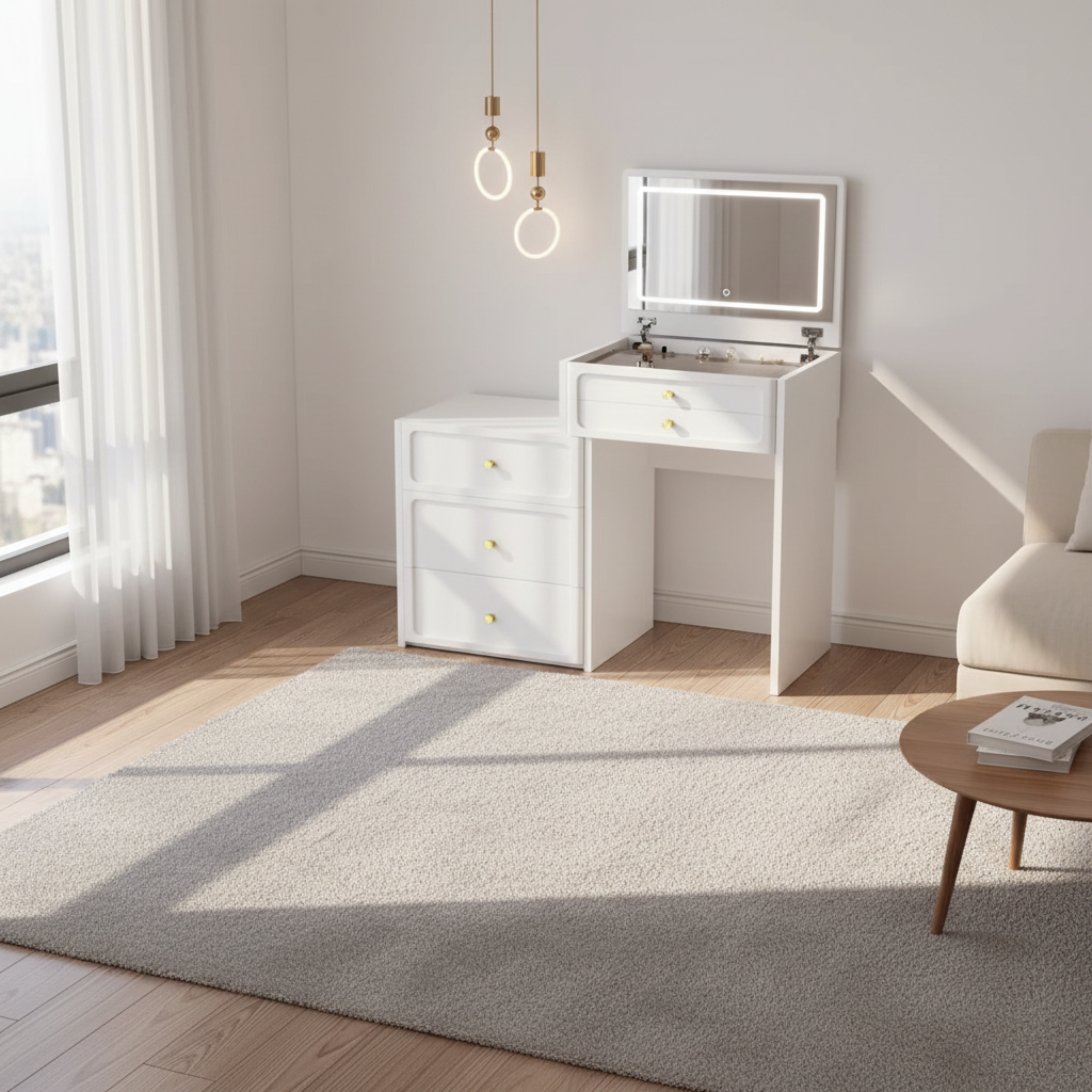 DR024 - Modern White Vanity Desk with Flip-Top LED Mirror & Storage Cabinet image 3