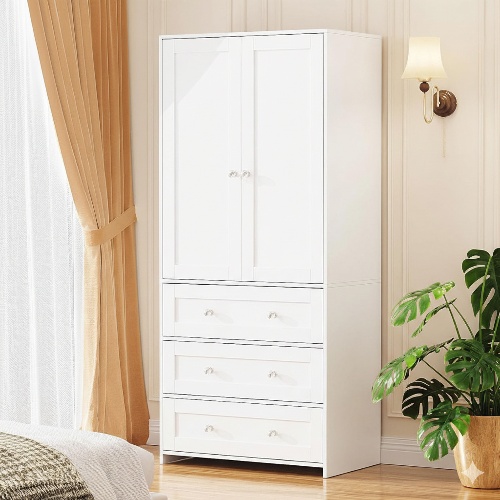 CC056 - Modern White Wardrobe Cabinet with Drawers – Tall Storage Closet image 0
