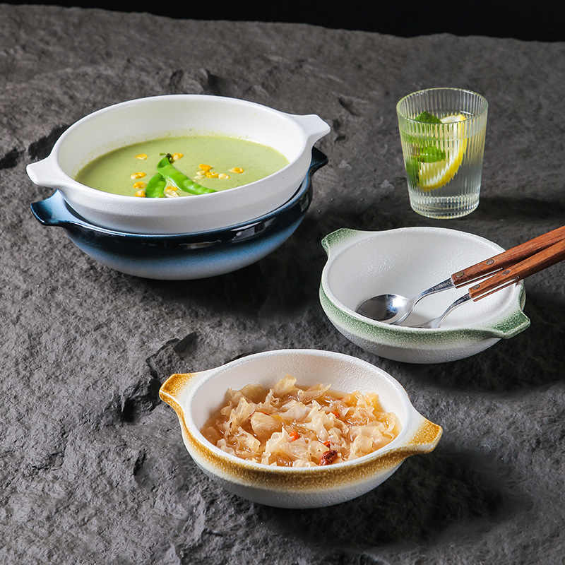 BOWL001 - White Double-Handle Ceramic Soup Plate | Underglaze Serving Dish image 1