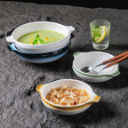BOWL001 - White Double-Handle Ceramic Soup Plate | Underglaze Serving Dish image 1