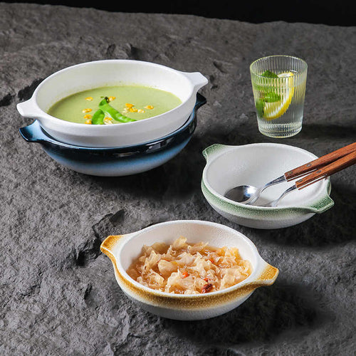 BOWL001 - White Double-Handle Ceramic Soup Plate | Underglaze Serving Dish image 1