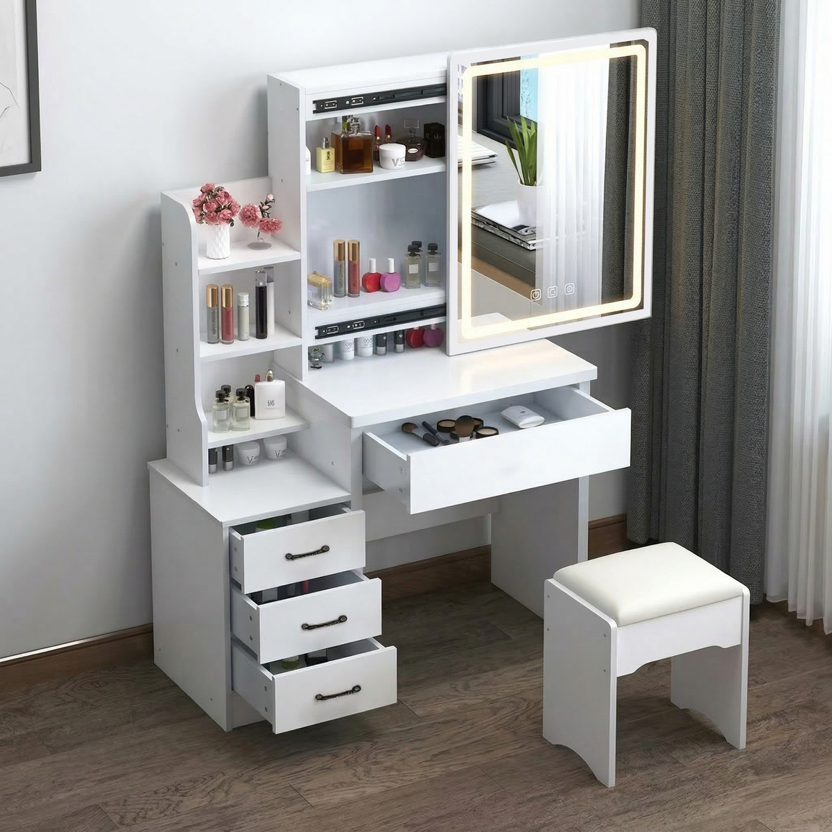 DR021 - White Makeup Vanity Set with Stool – LED or Standard Mirror image 1
