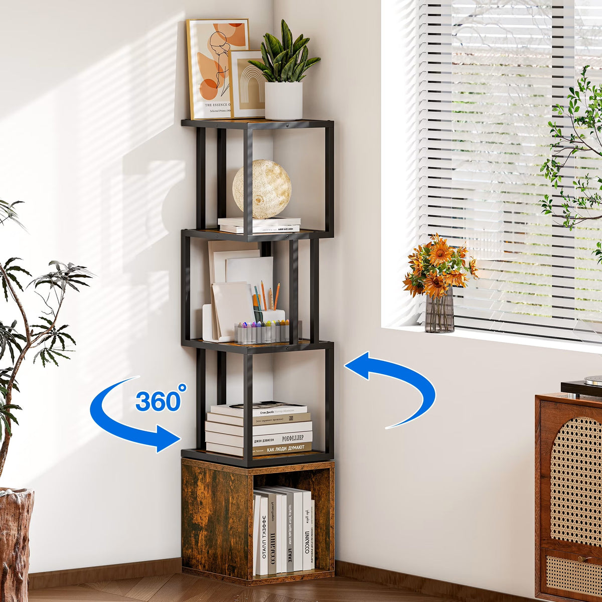 BS049 - 4-Tier 360° Rotating Bookshelf – Slim Floor Standing Display Shelf image 1