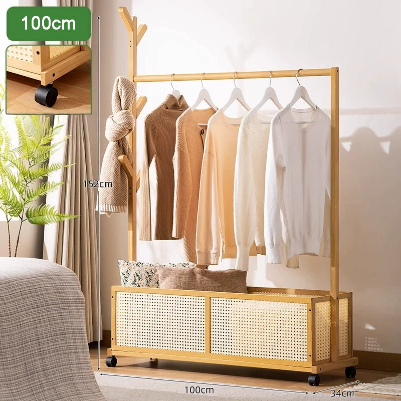 WH016 - Bamboo Rolling Clothes Rack with Mesh Basket – Multi-Functional Storage image 3