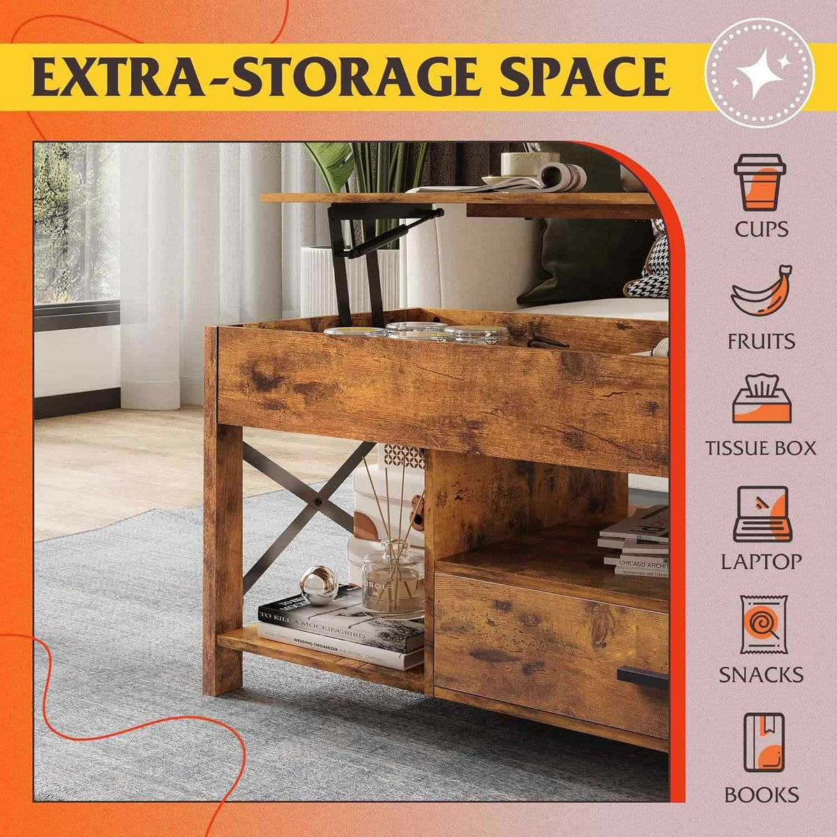 EDB049 - Lift-Top Coffee Table with Storage – Hidden Compartment & Metal Frame image 1