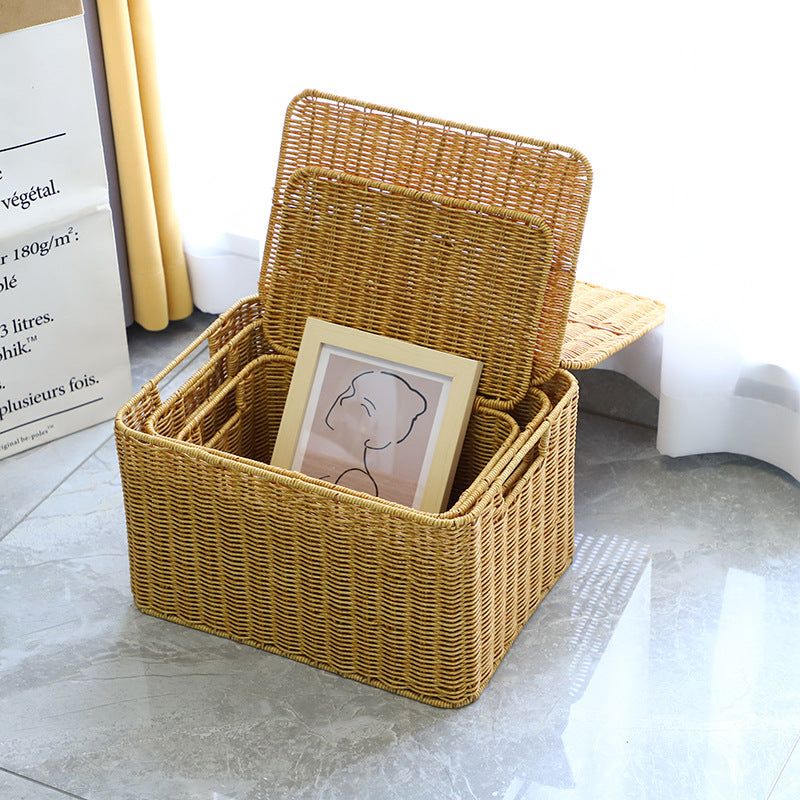 BAS011 - Rectangular Rattan-Style Storage Basket with Lid image 1