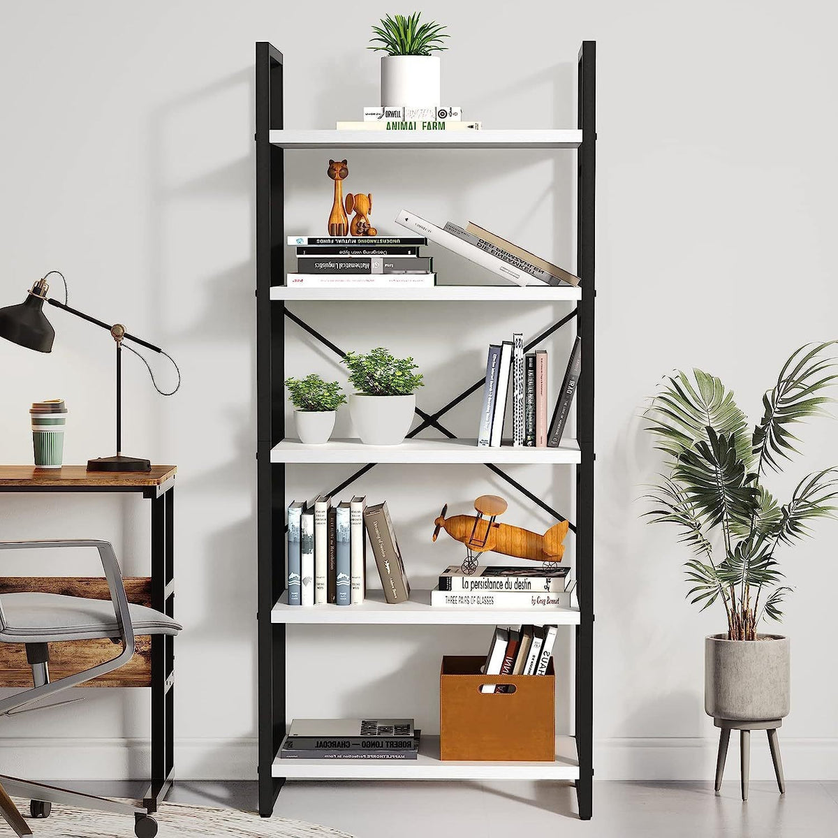 BS039 - 5-Tier Bookshelf, Modern Rustic Storage Organizer, Tall Display Shelves image 1