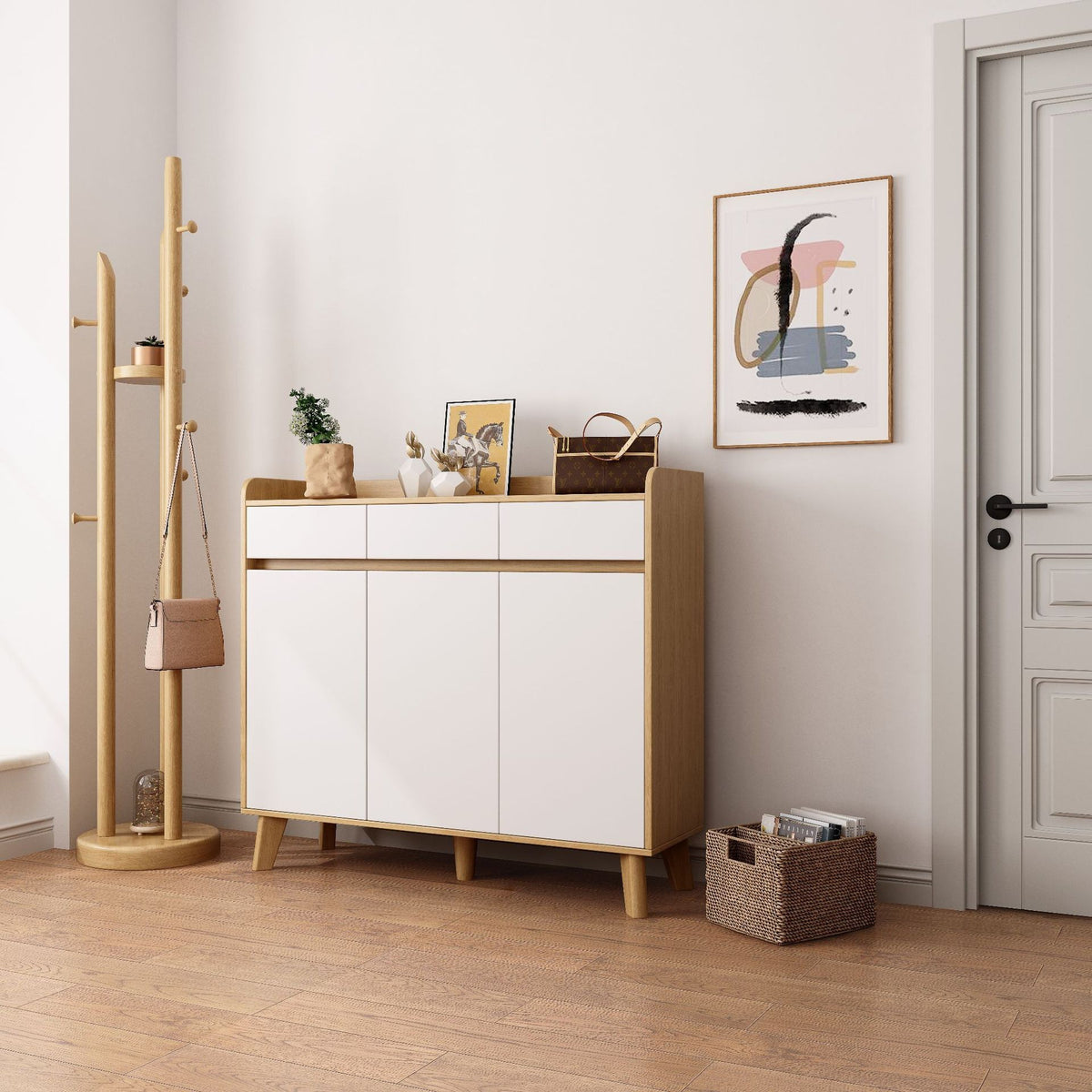 SOCE064 - Modern Nordic Wooden Shoe Cabinet with Drawers image 1