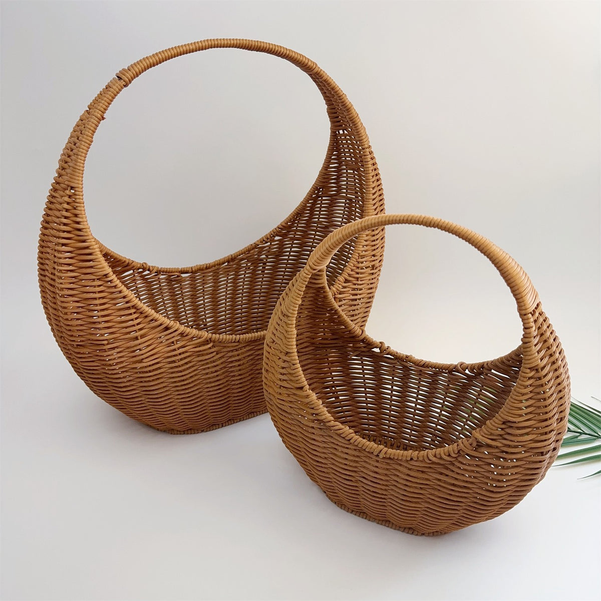 BAS005 - Moon-Shaped Handwoven Rattan-Style Basket with Round Handle image 0