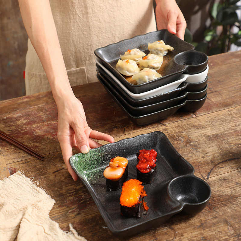 DISH007 - Ceramic Dumpling Plate with Sauce Dish | Partitioned Appetizer Plate image 1