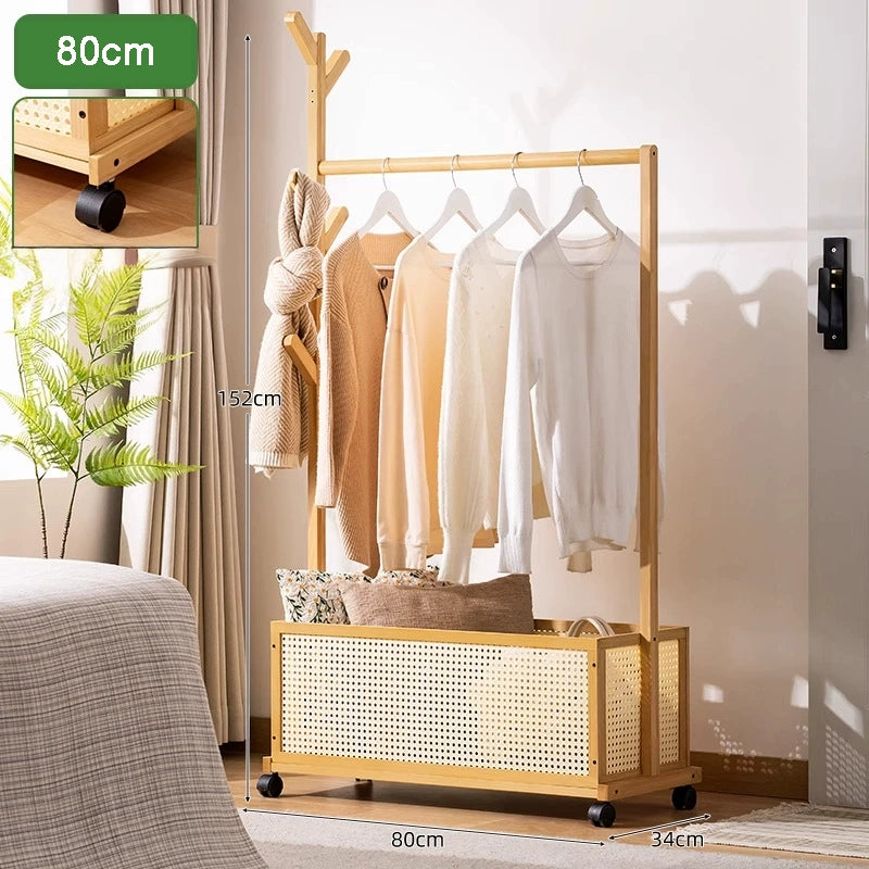 WH016 - Bamboo Rolling Clothes Rack with Mesh Basket – Multi-Functional Storage image 2