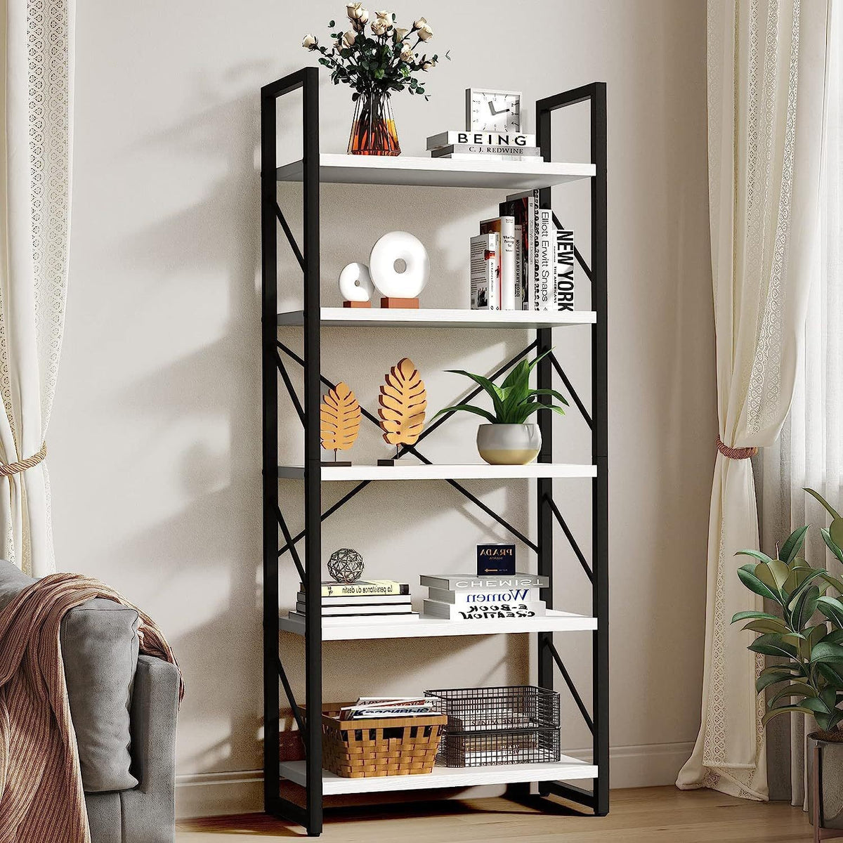 BS039 - 5-Tier Bookshelf, Modern Rustic Storage Organizer, Tall Display Shelves image 3