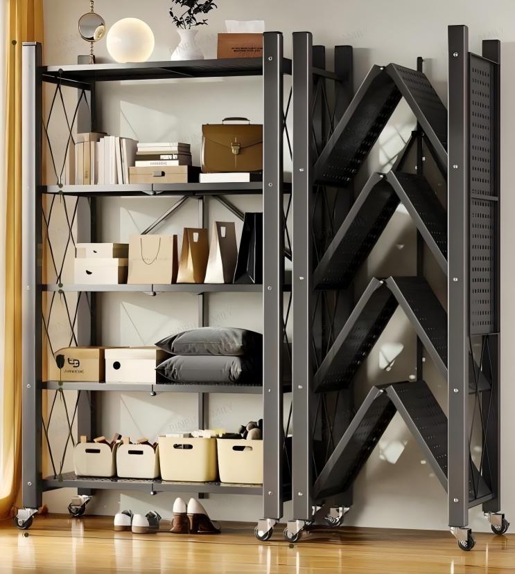 WCK022 - No-Assembly Foldable Metal Bookshelf – Movable Floor Storage Rack image 0
